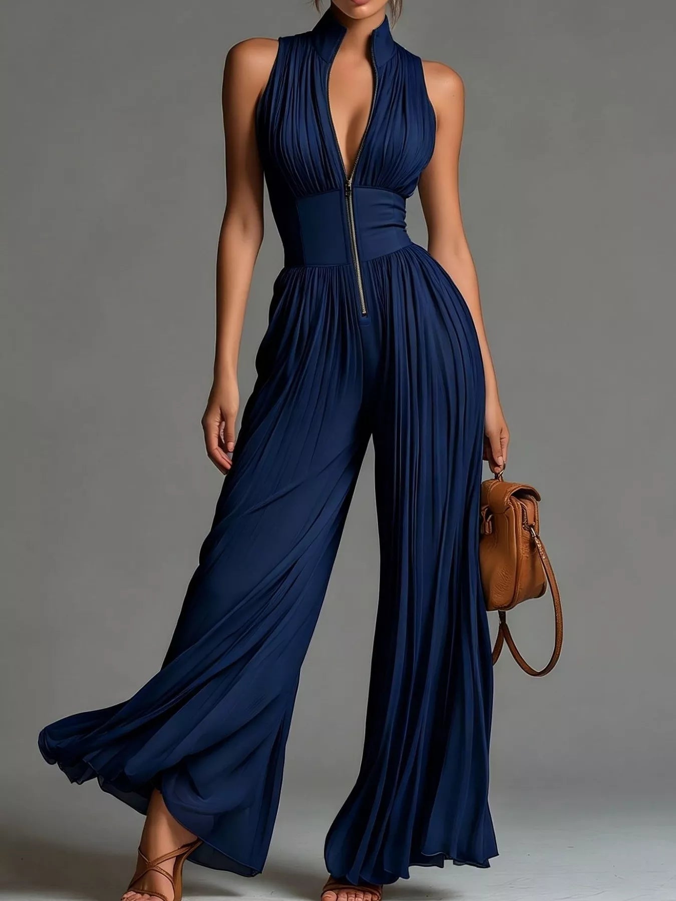 Trendsi Sleeveless Pleated Wide-Leg Jumpsuit with Front Zipper -