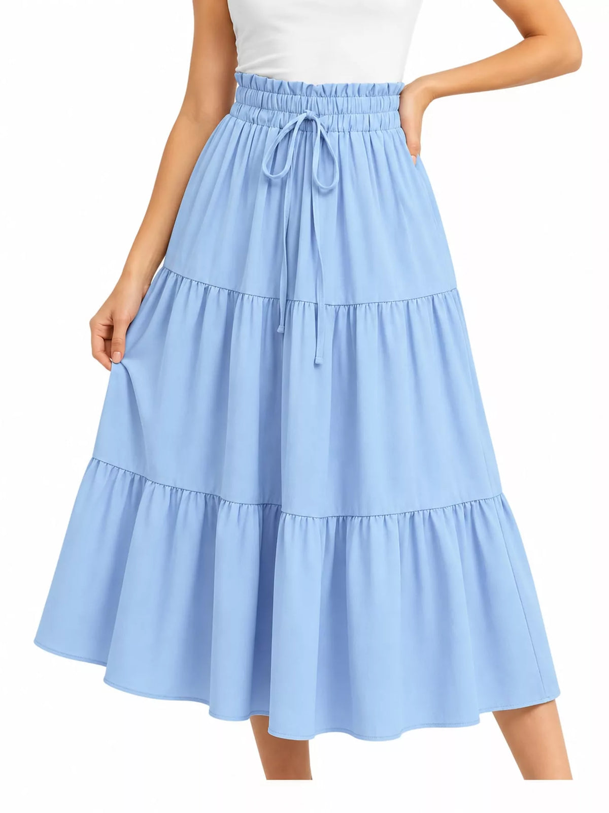 Light blue drawstring tiered skirt — front view