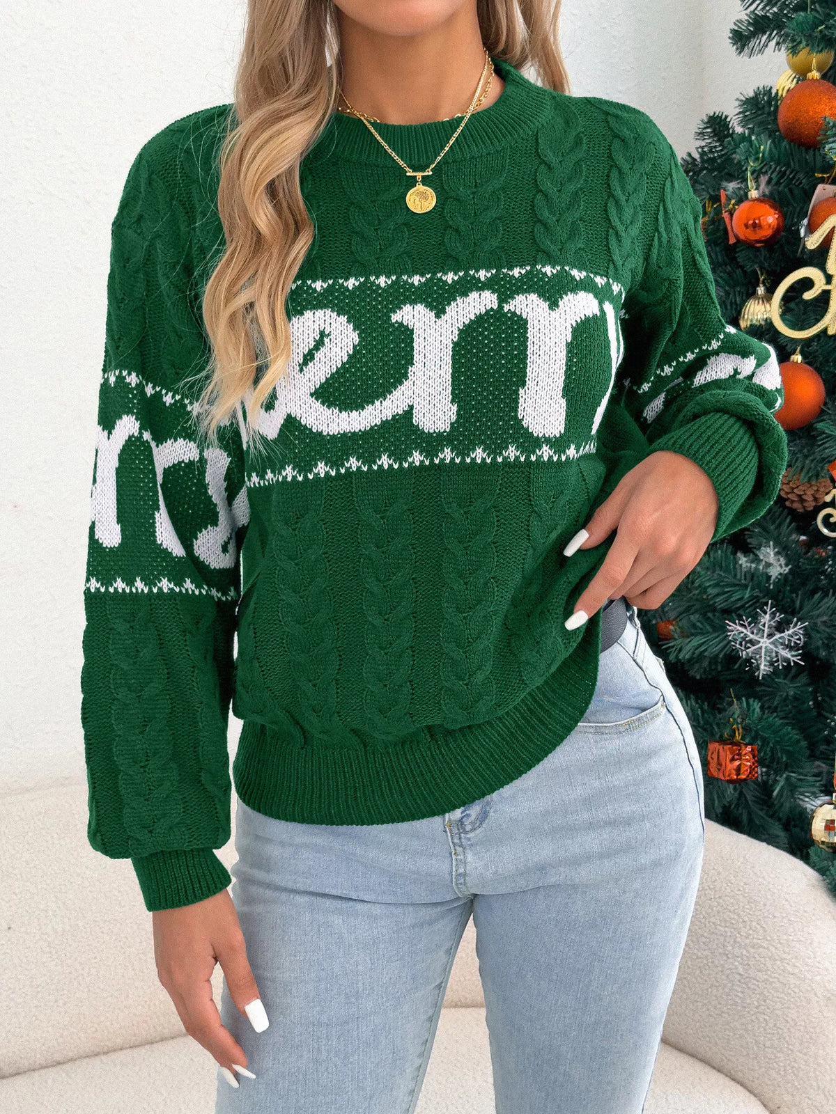 Merry Cable Knit Sweater in green, front view