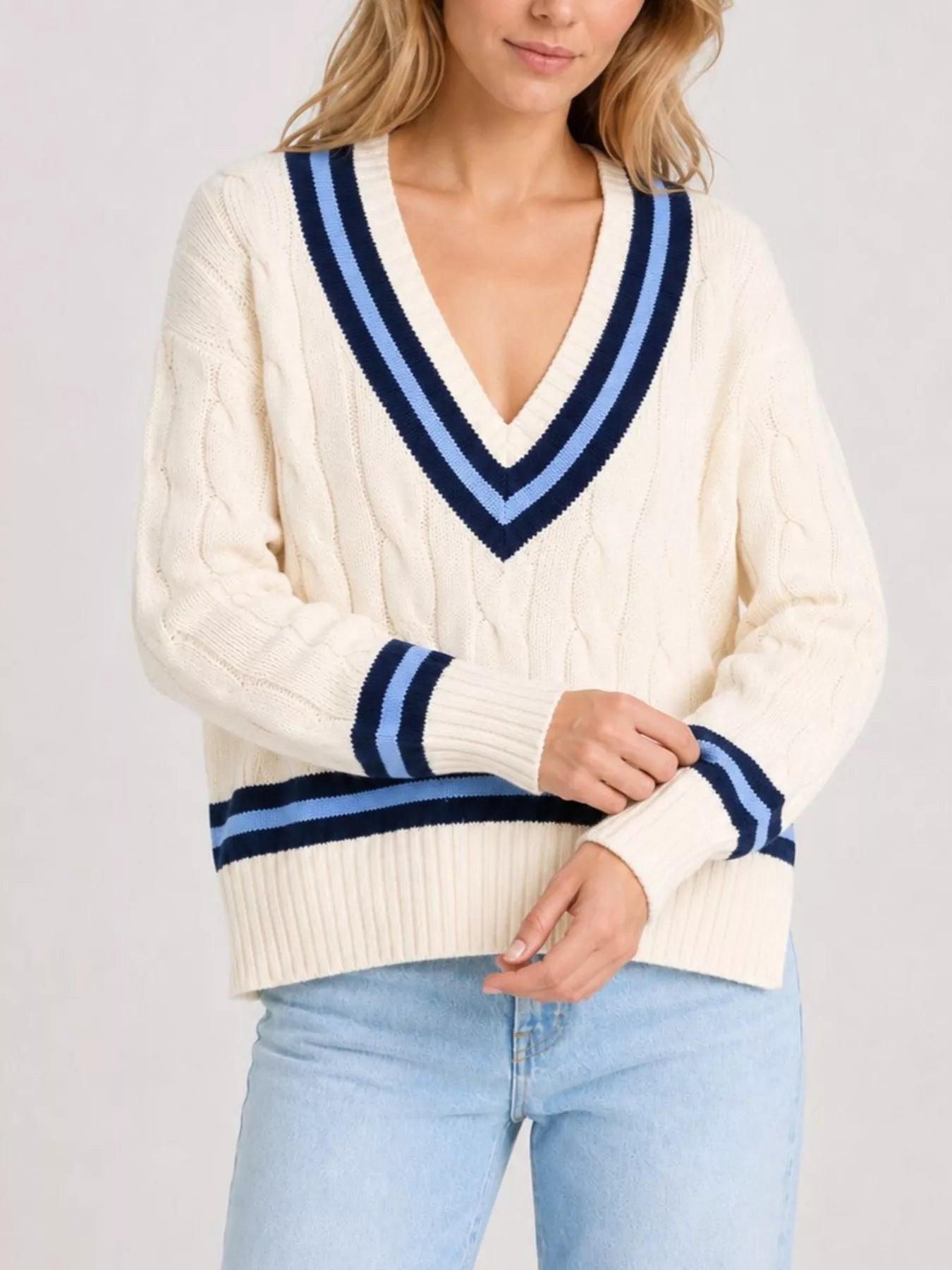 Trendsi V-Neck Cable Knit Sweater with Contrast Striped Trim -