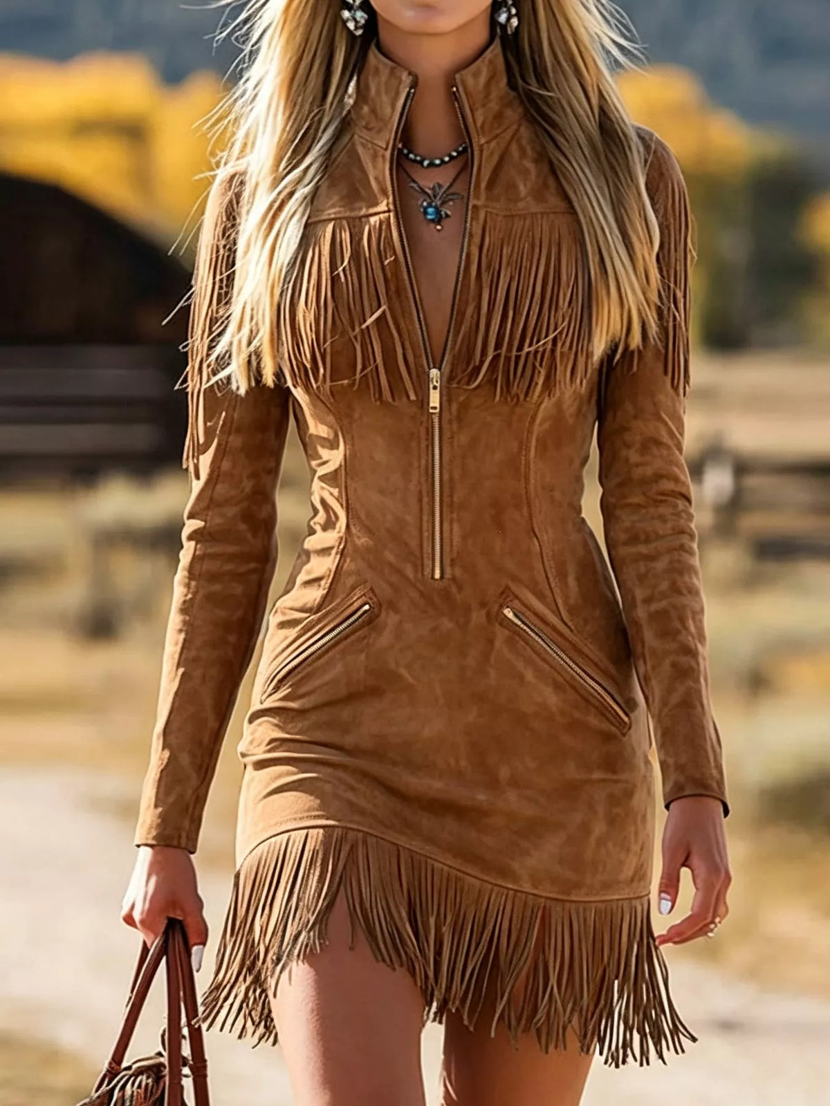 Trendsi Fringed Zip-Front Mini Dress -
