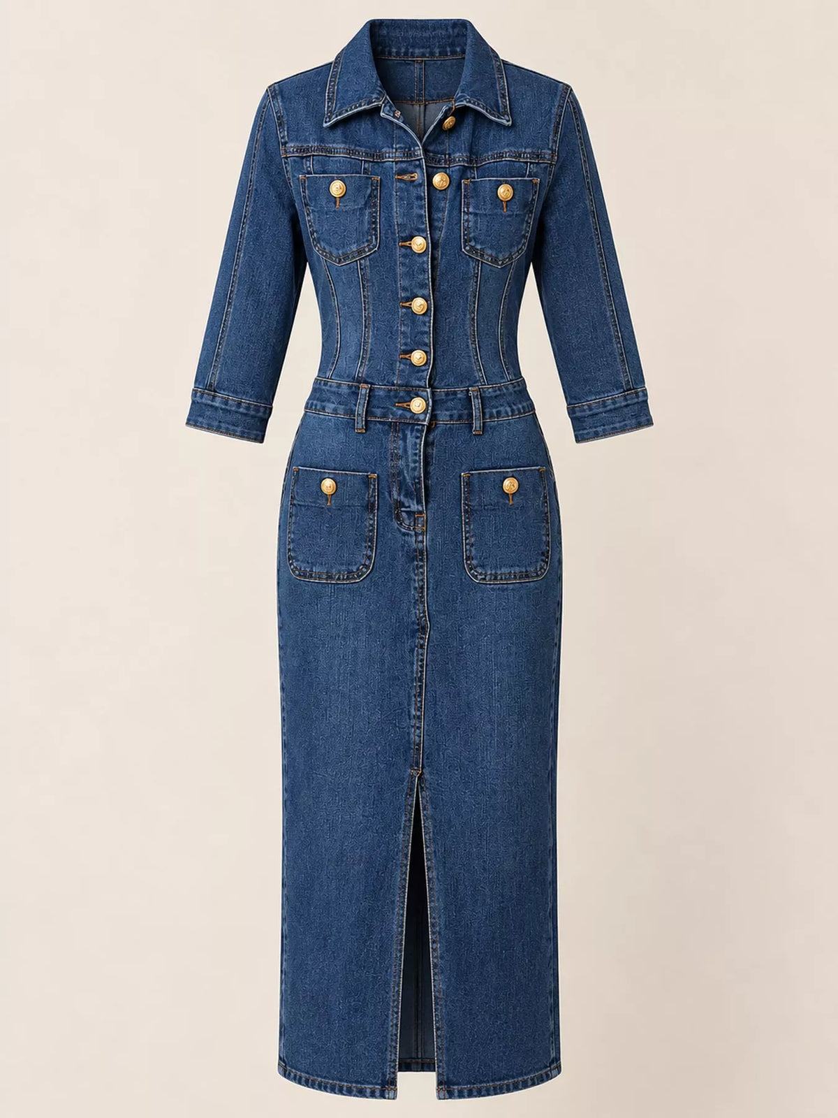 Blue button front slim fit denim midi dress, front view