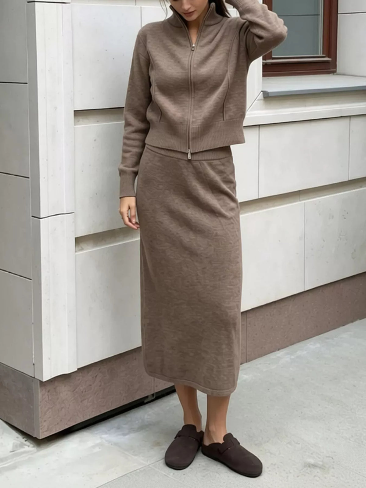 Zip-up cardigan and midi skirt knit set in taupe, front view