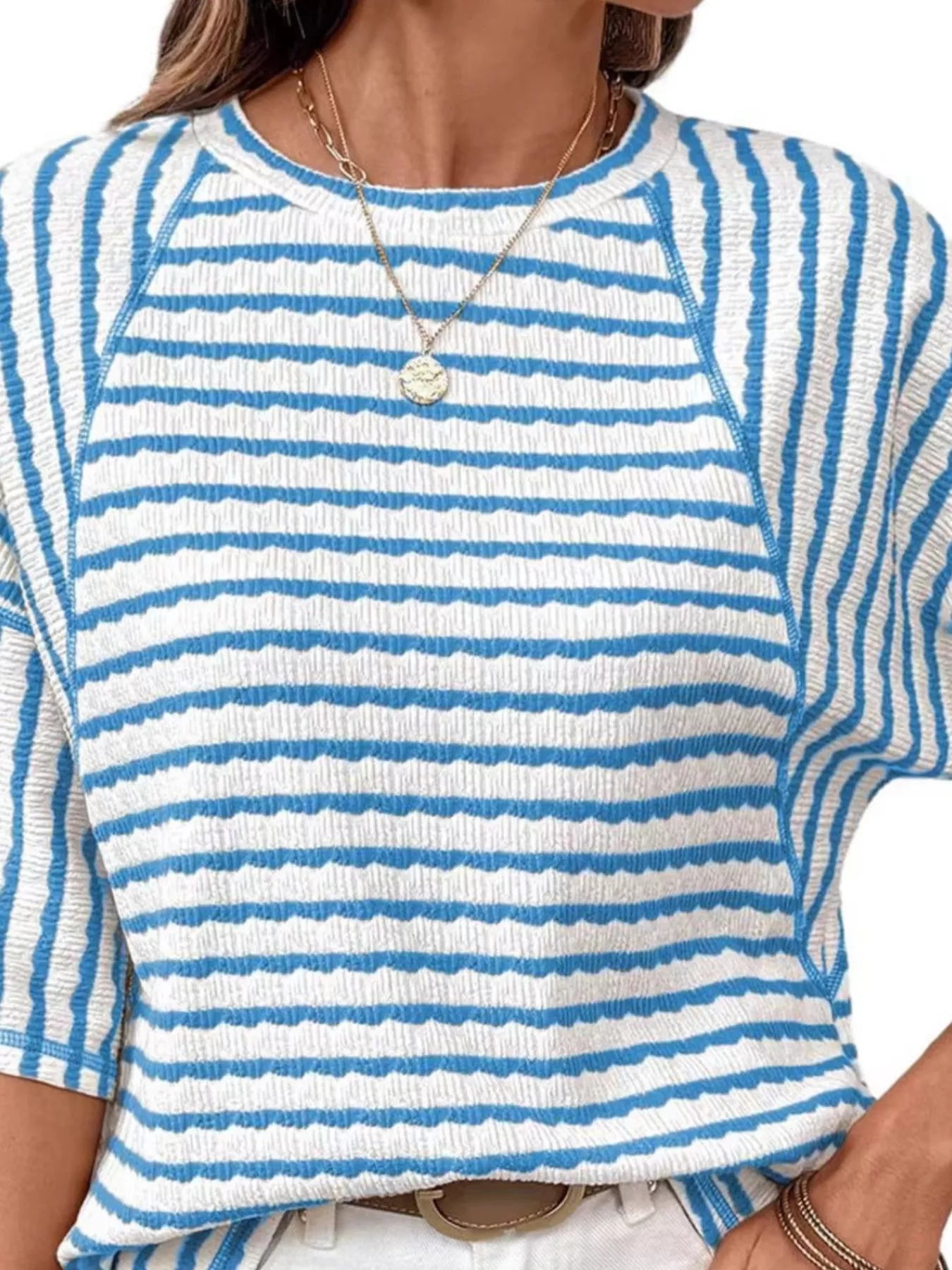 Trendsi Casual Striped Raglan Sleeve Textured T-Shirt -