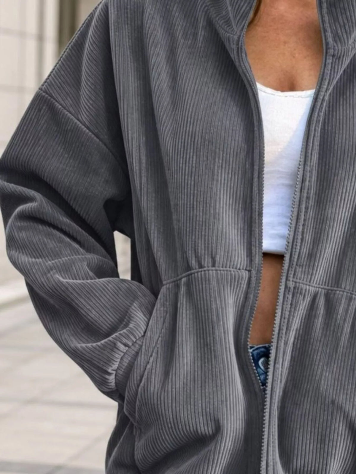 Corduroy Zip-Up Stand Collar Sweatshirt, pocket detail