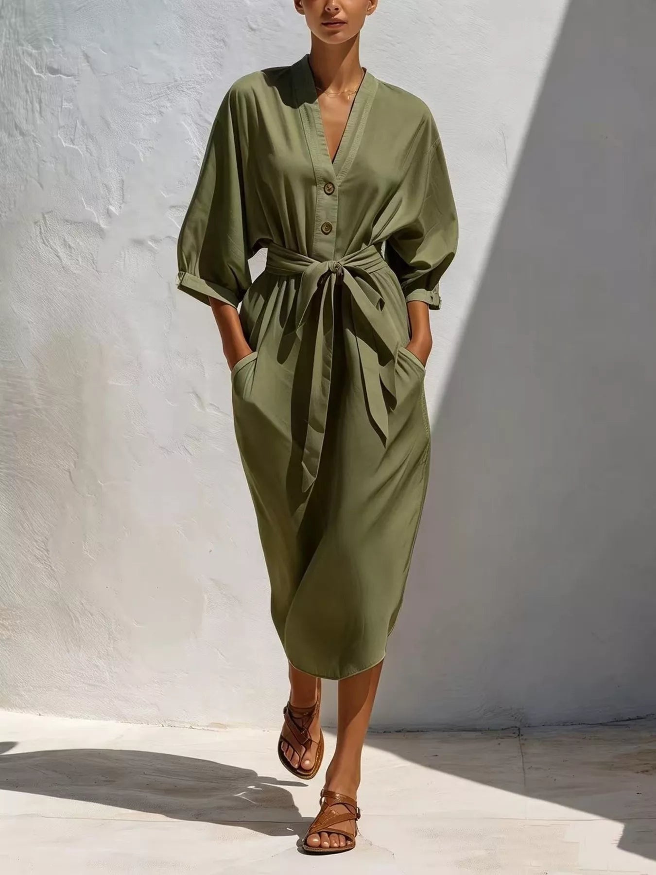 Trendsi Full Size Tie Waist V-Neck Midi Dress Plus Size -