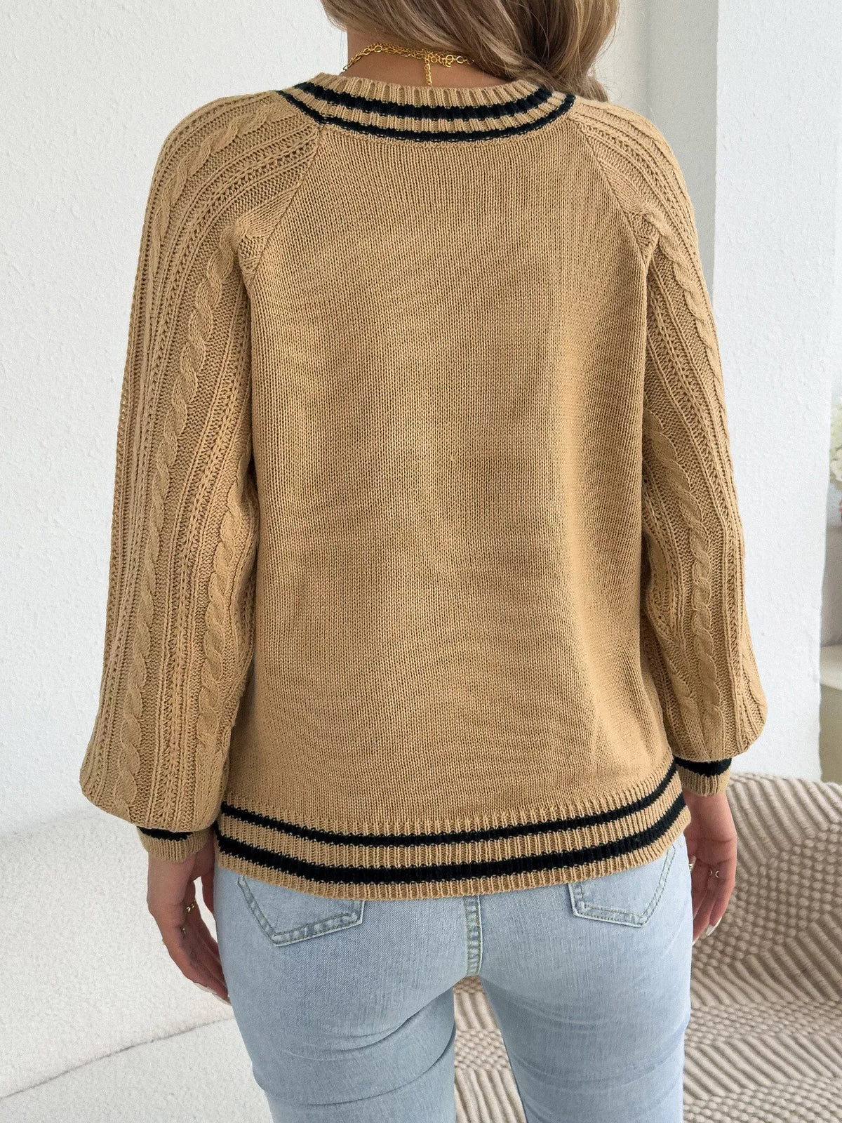 Khaki striped trim cable knit sweater