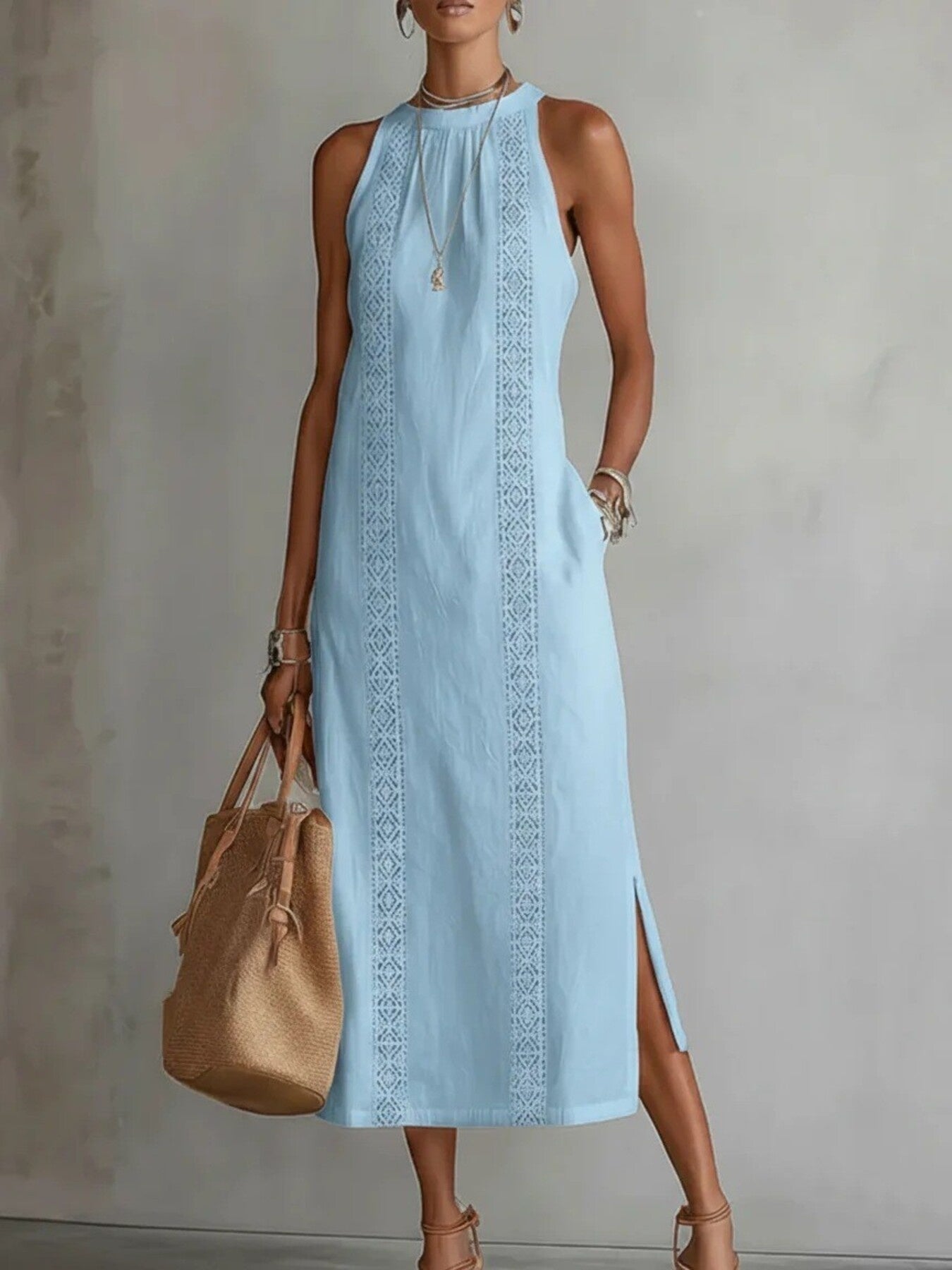 Trendsi Side Slit Sleeveless Hollow-Out Trimmed Midi Dress -