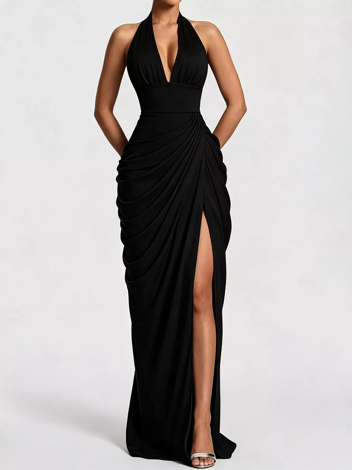 Black halter neck high-slit maxi evening dress — front view