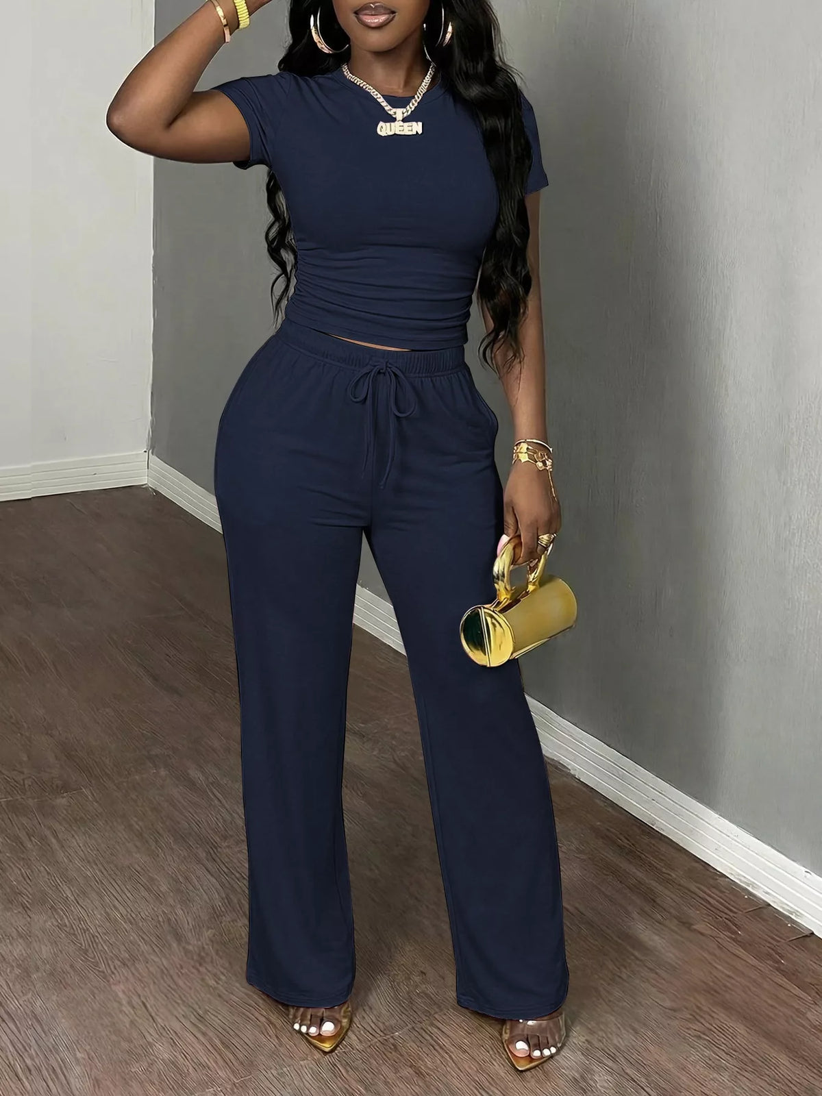 Dark Blue Short Sleeve Top and Wide-Leg Pants Set, front view