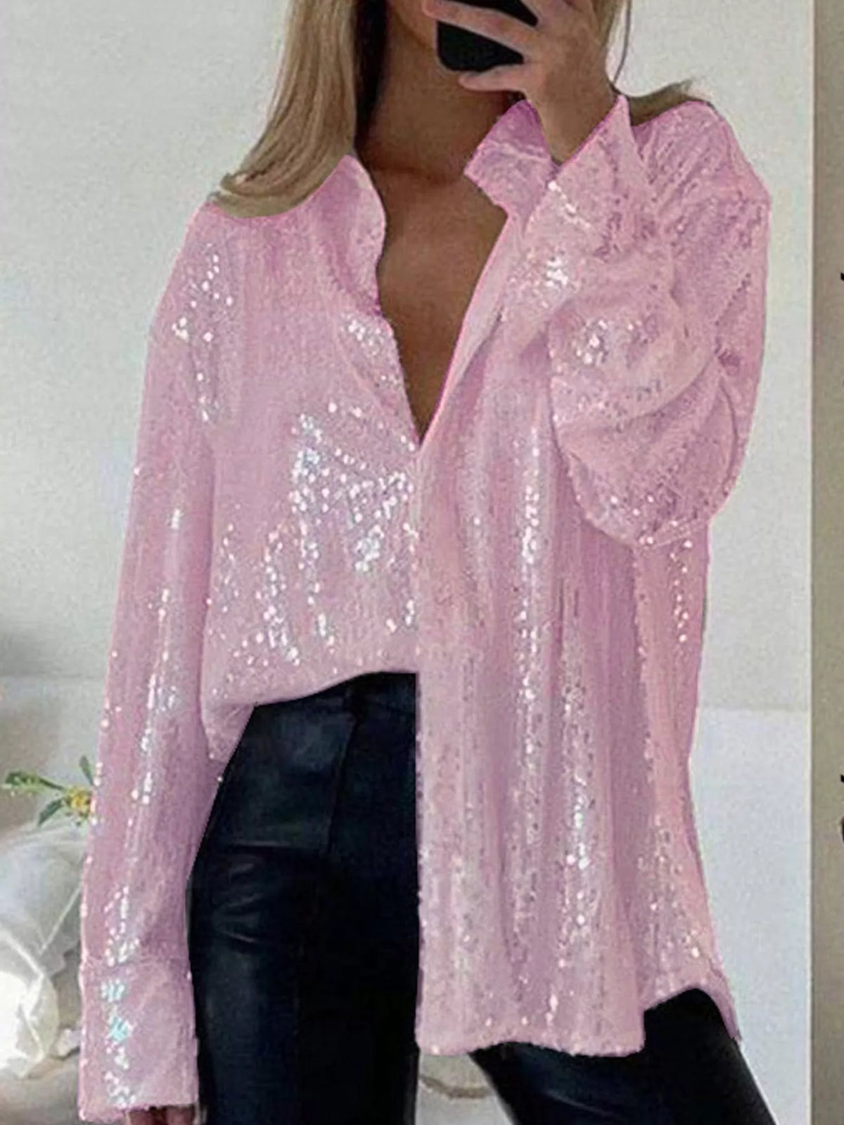 Pink sequin button up long sleeve shirt