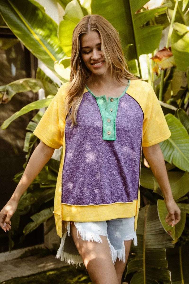Women's Color Block Buttoned Top With Uneven Hem Relaxed Polyester — product view 6