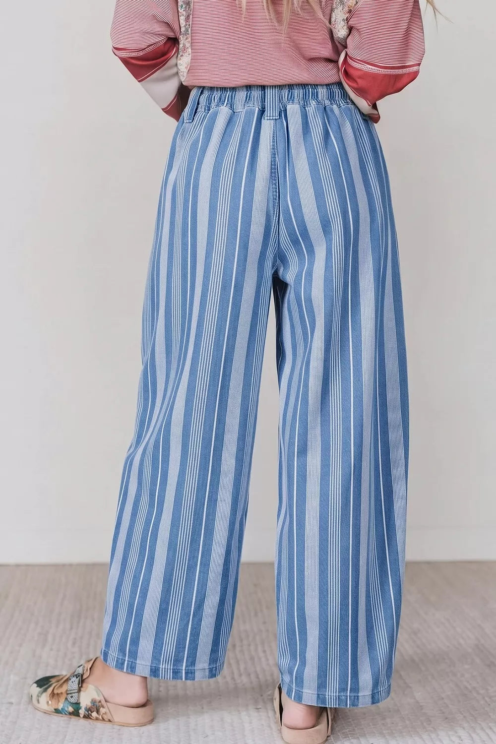 Striped High-Waisted Barrel Jeans in blue, back view