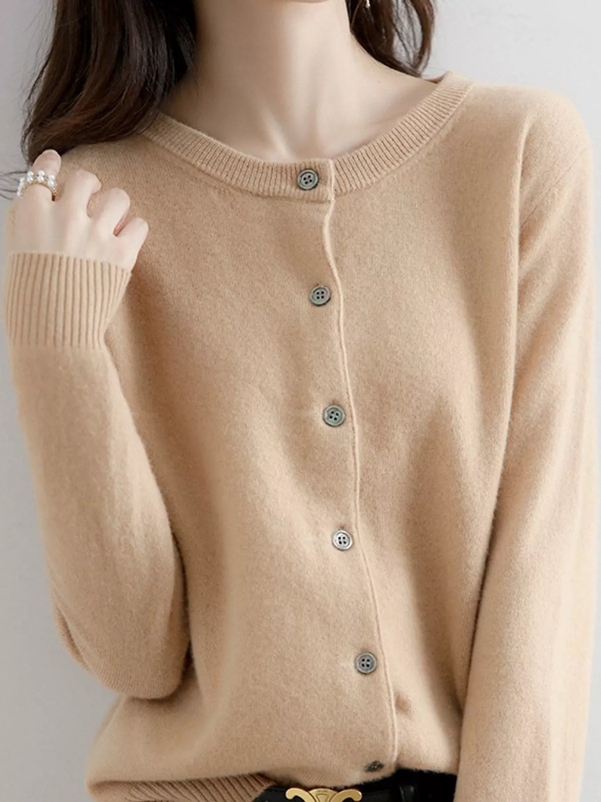 Button-down cardigan, tan neckline front