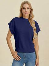 Trendsi Double Take Full Size Mock Neck Short Sleeve Sweater - Shirts