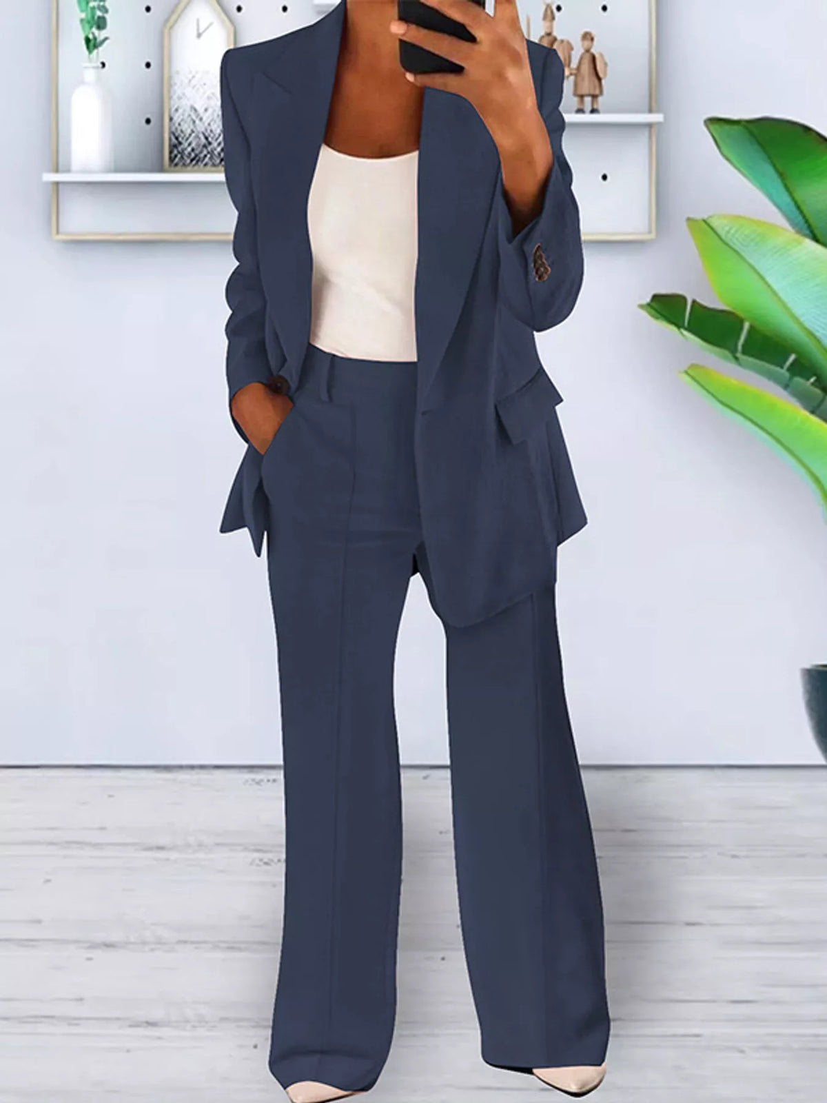 Collared long sleeve outfit set, front view on model