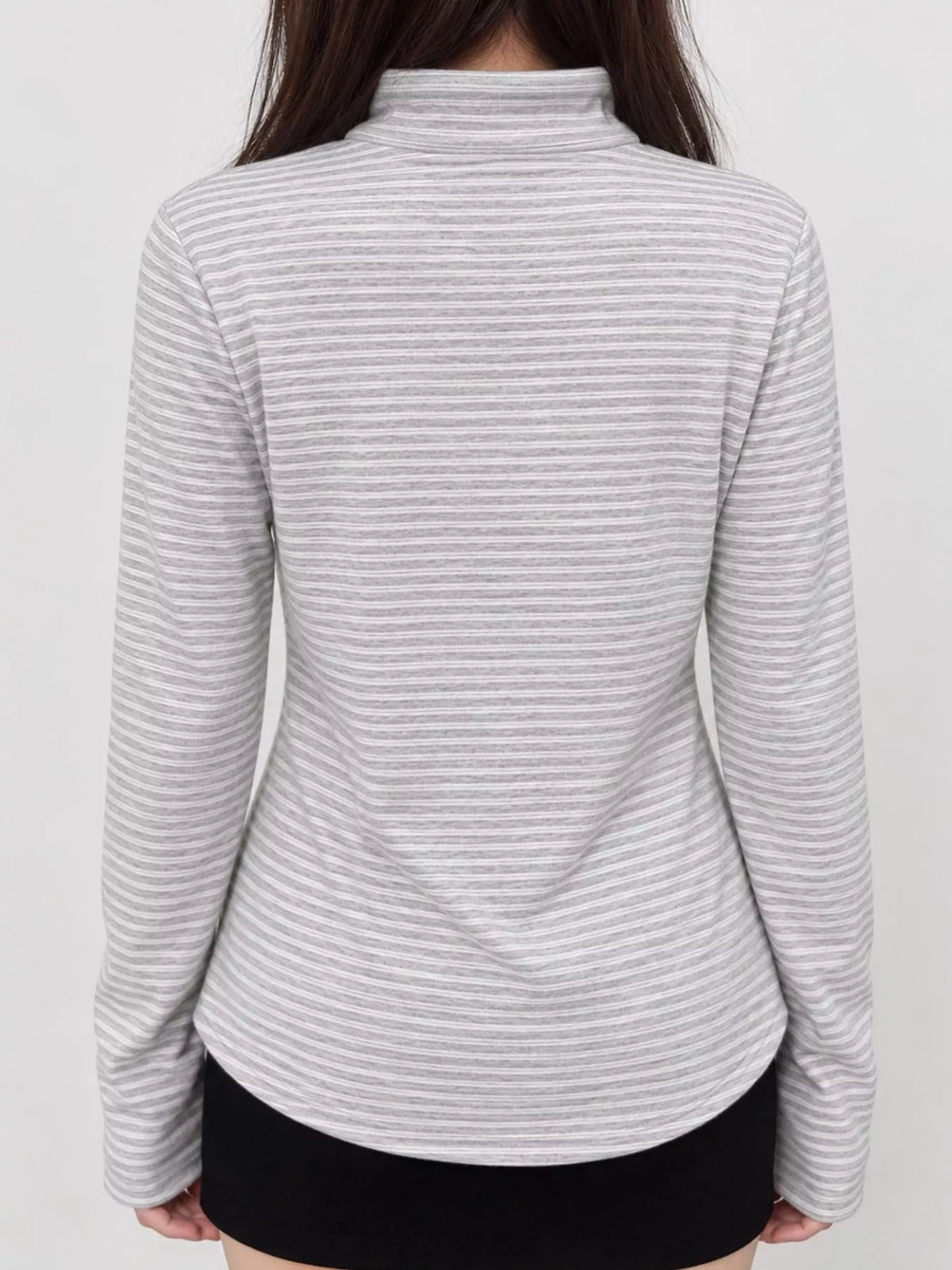 Light Gray striped mock neck button-detail long sleeve t-shirt, back view
