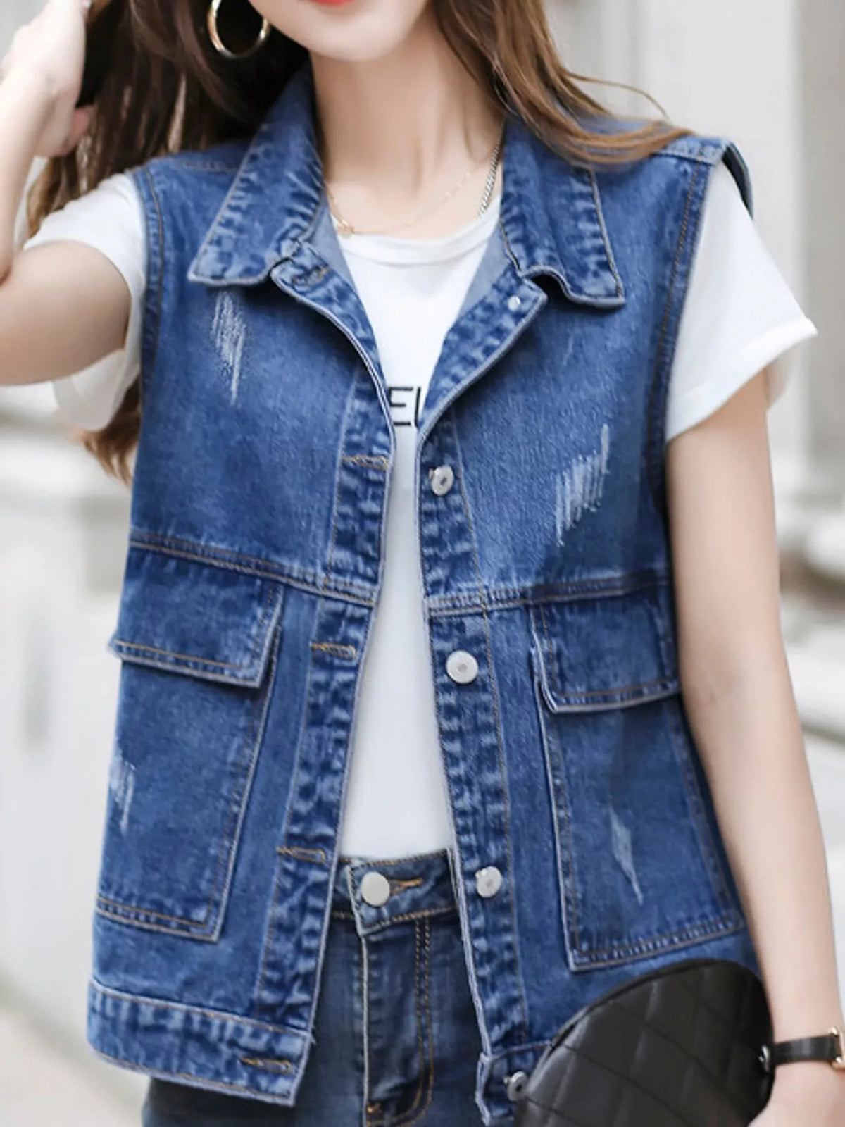 Distressed Washed Denim Vest in blue