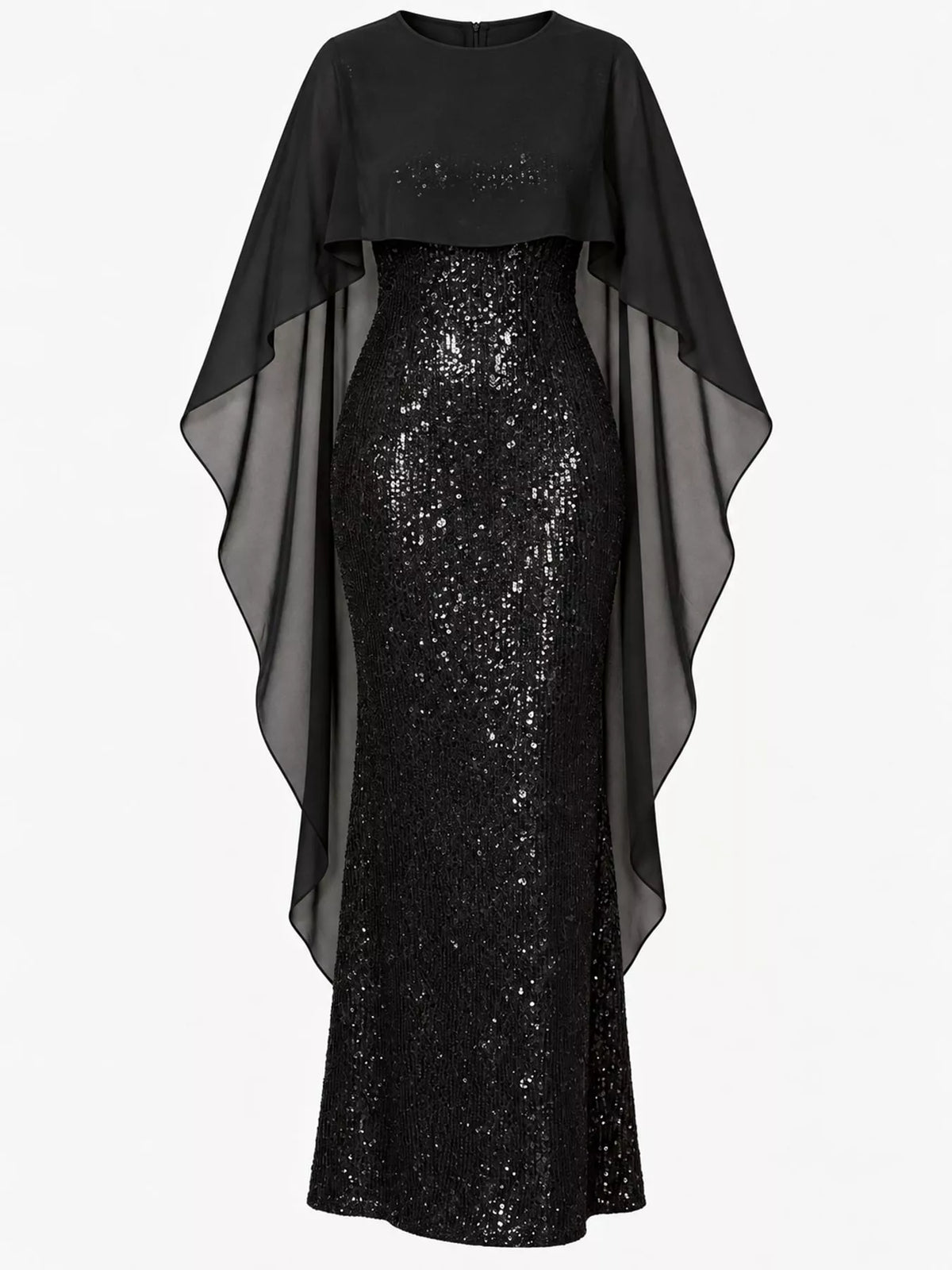 Women's Sequin Cape Overlay Evening Dress in black — flat lay view