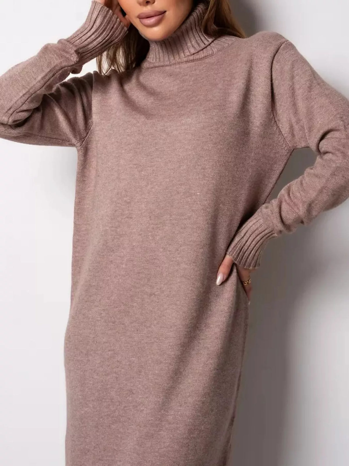 Camel turtleneck sweater dress