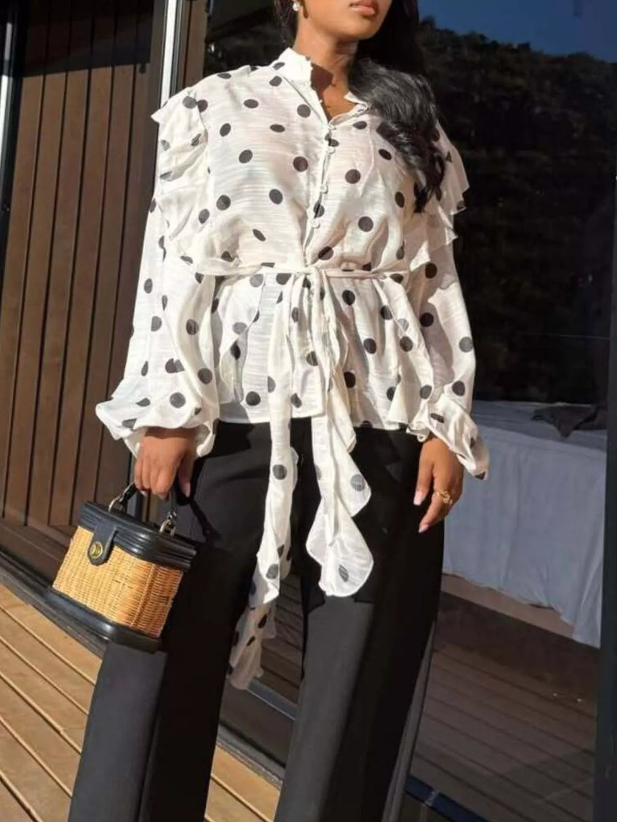 Collared long sleeve blouse, front view on model