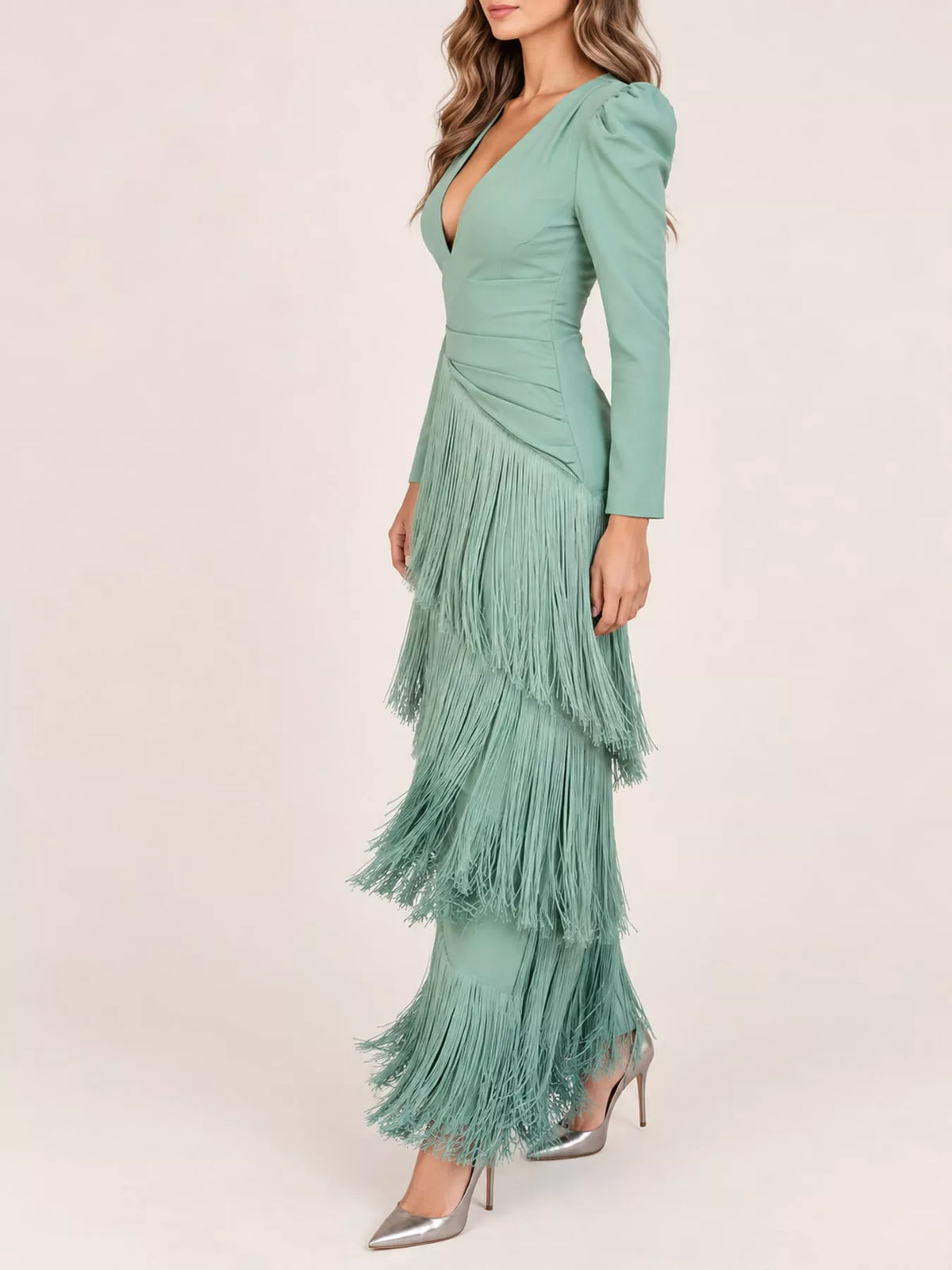Women's Fringed V-Neck Puff Sleeve Midi Dress in sage — side view