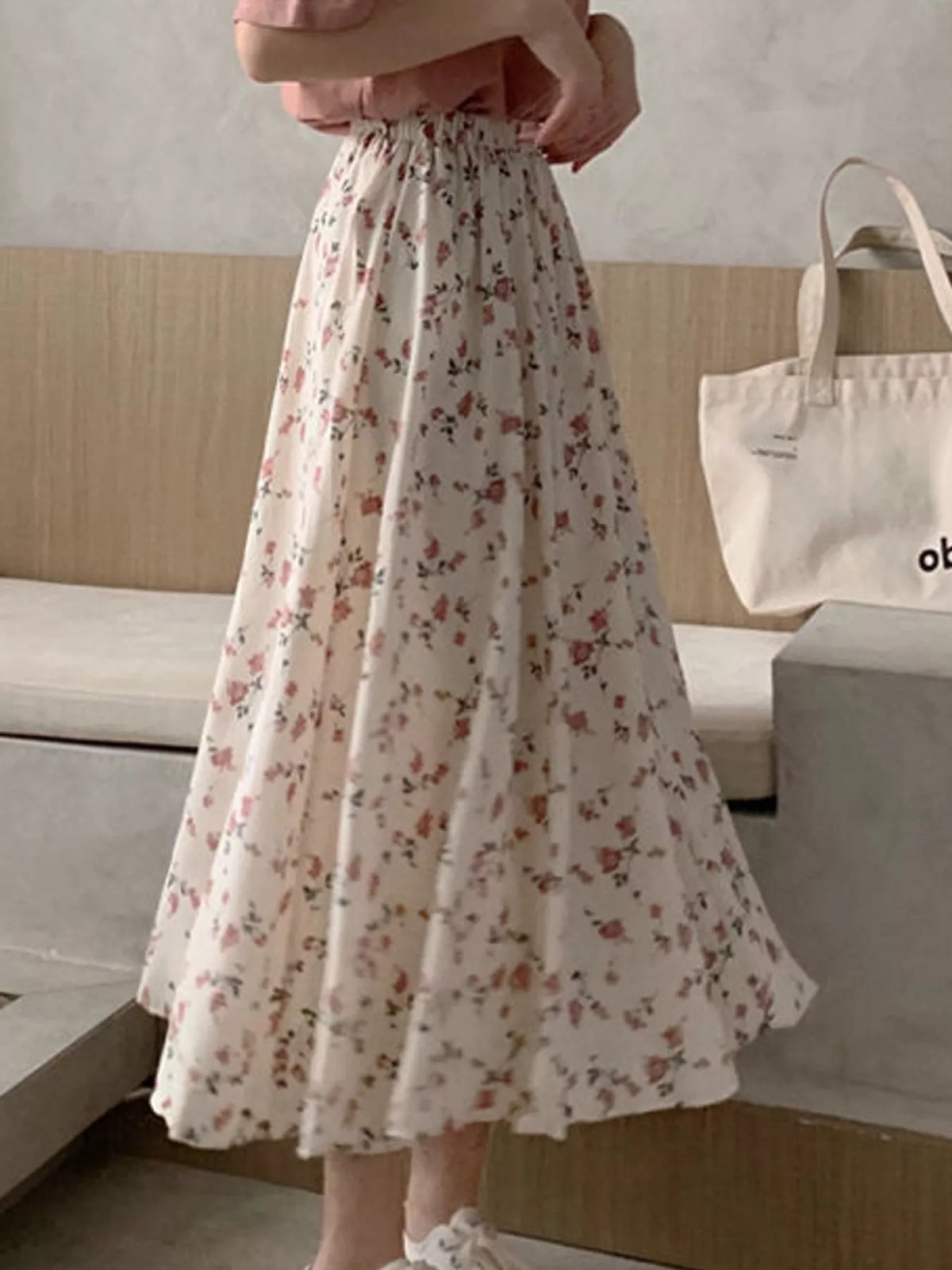 Floral Print High-Waisted A-Line Midi Skirt — side view