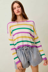 Trendsi SO ME Mardi Gras Color Stripe Lightweight Sweater Top -