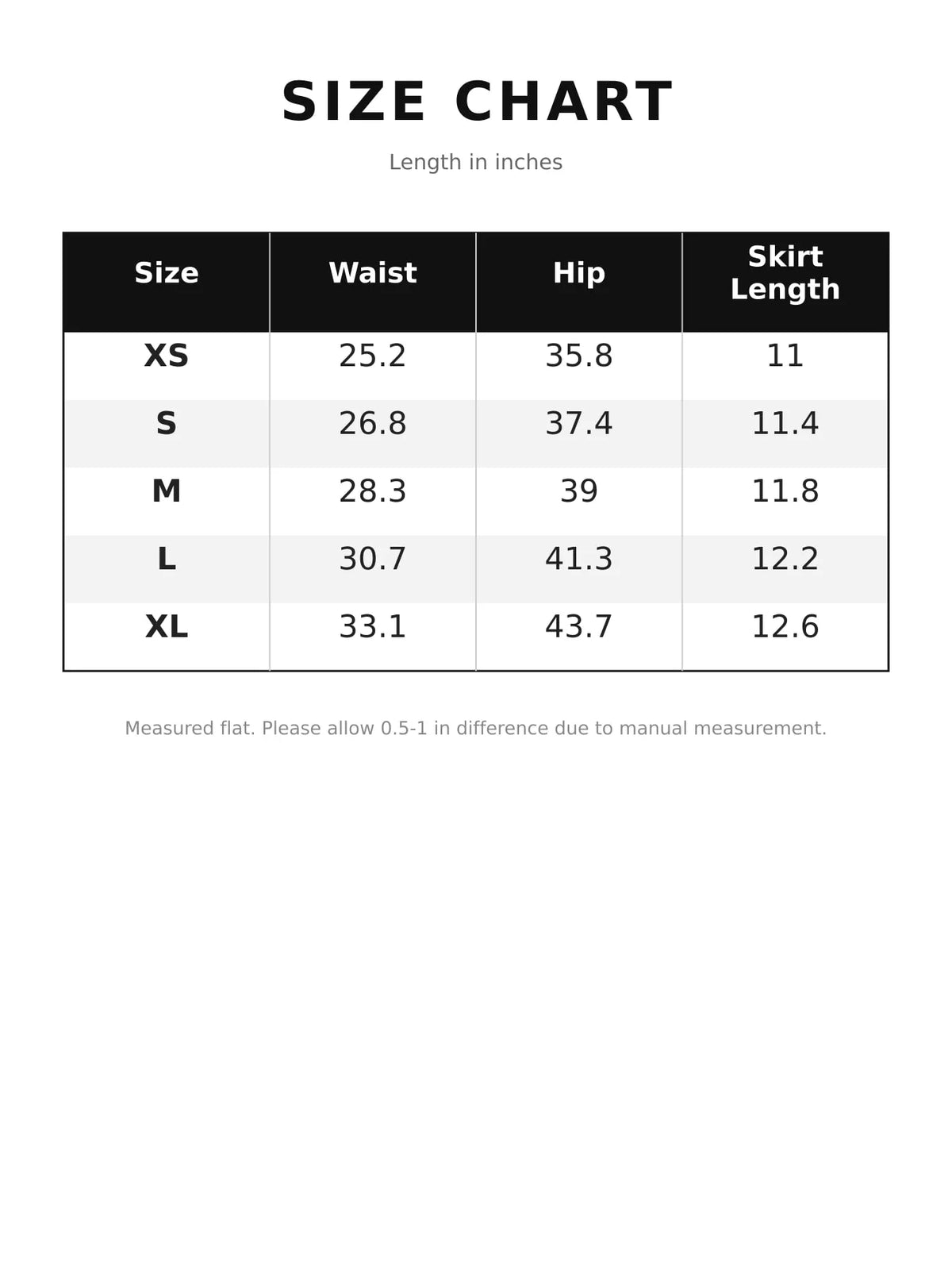 Lace Ruffled Asymmetrical Mini Skirt — size and measurement chart