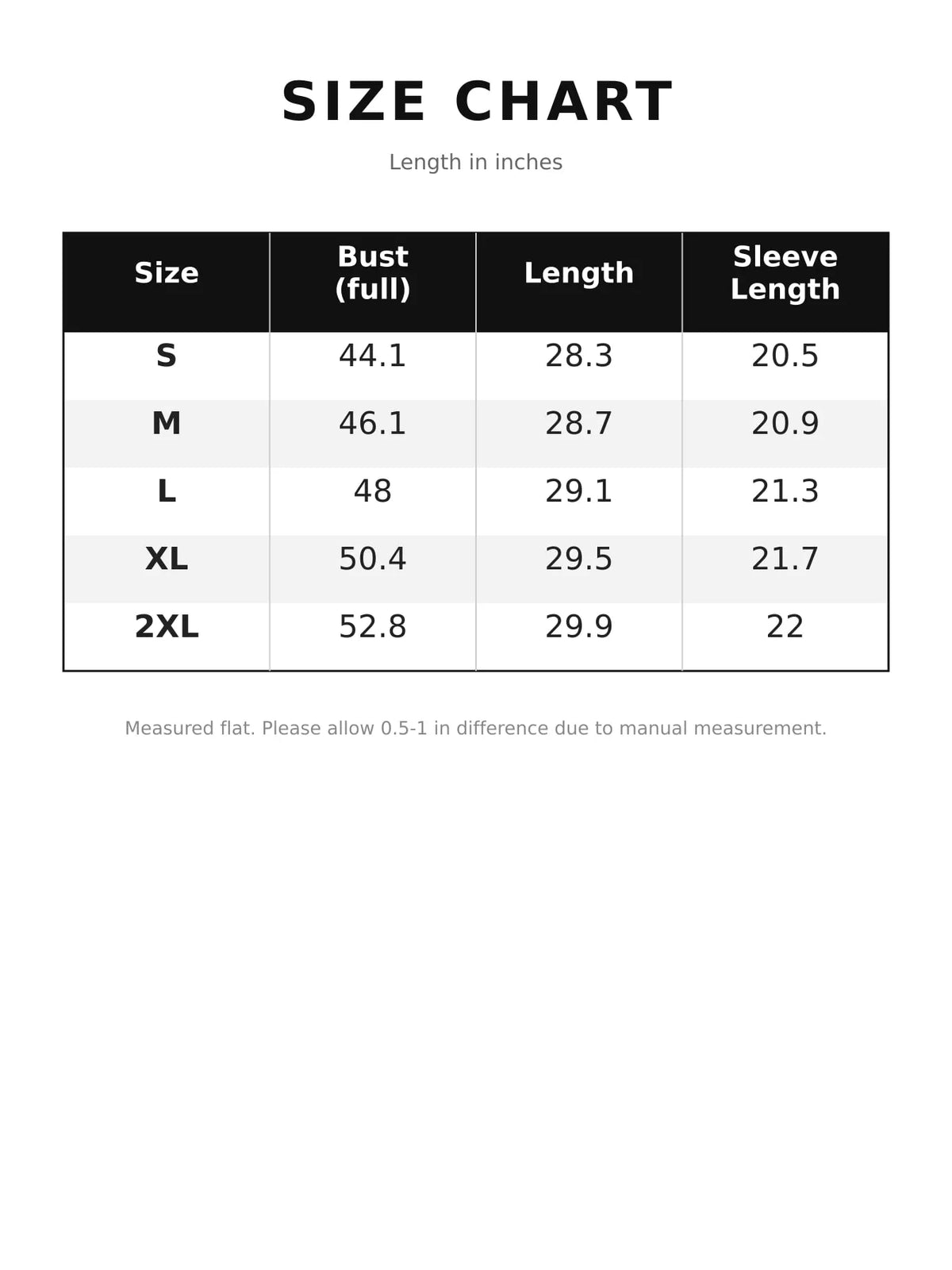 Size chart for raw hem button-up denim jacket