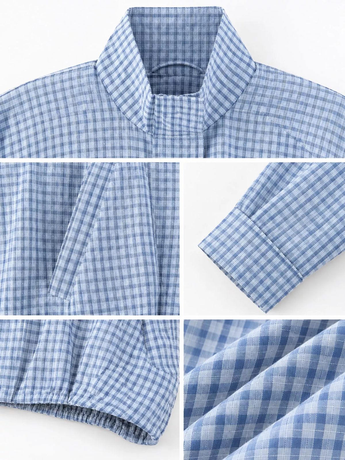 Sky Blue plaid stand-collar cropped jacket, detail view