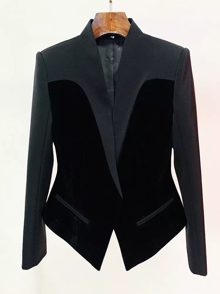 Black velvet-paneled blazer with stand-up collar