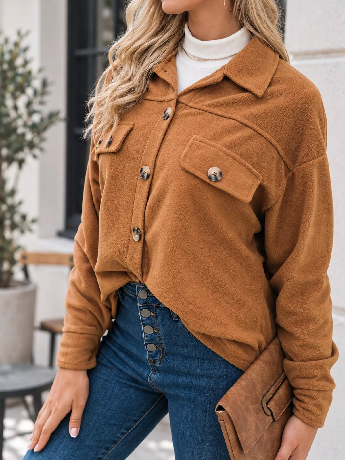 Women's Button-Down Long Sleeve Shacket in camel — front view