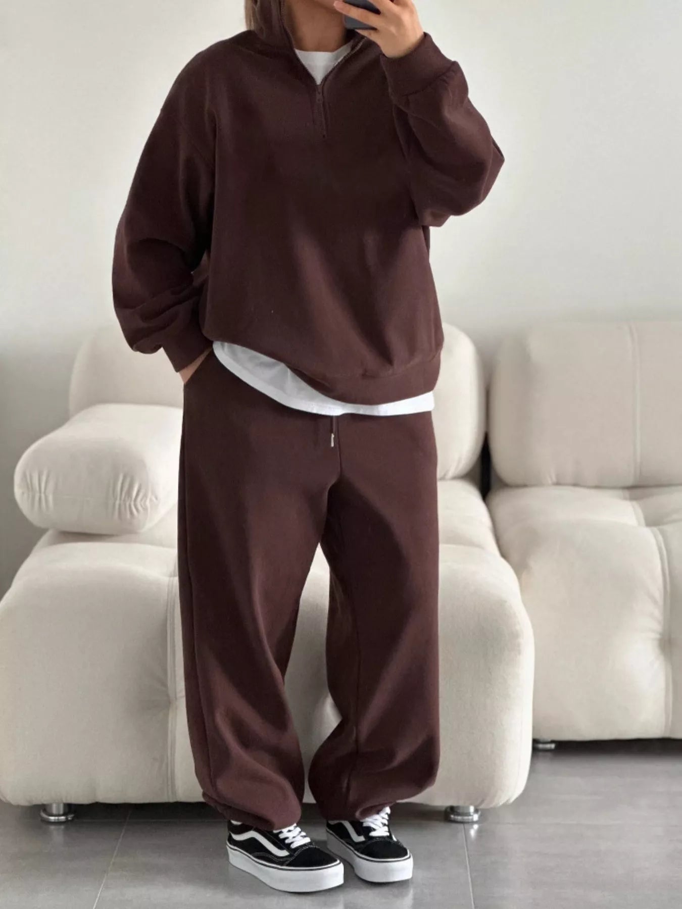 Trendsi Quarter-Zip Top and Wide-Leg Sweatpants Set -