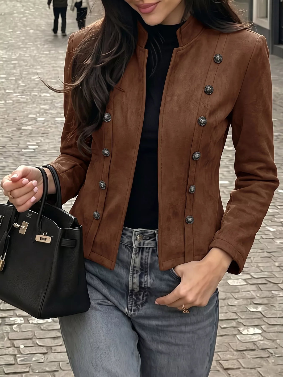 Brown stand collar cropped jacket with decorative buttons, front view