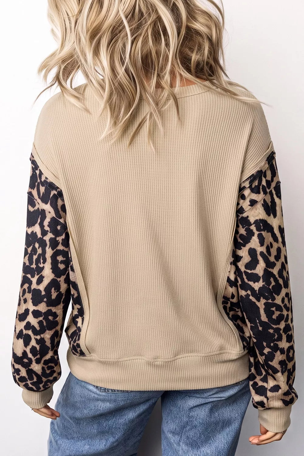 Trendsi Sequined Western Horse Graphic Leopard Sleeve Patchwork Waffle Knit Top -