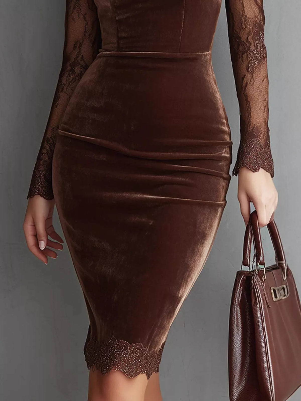 Velvet and lace dress, brown skirt detail