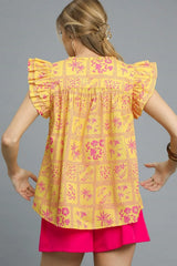 Trendsi Umgee Printed Ruffle Cap Sleeve Blouse -