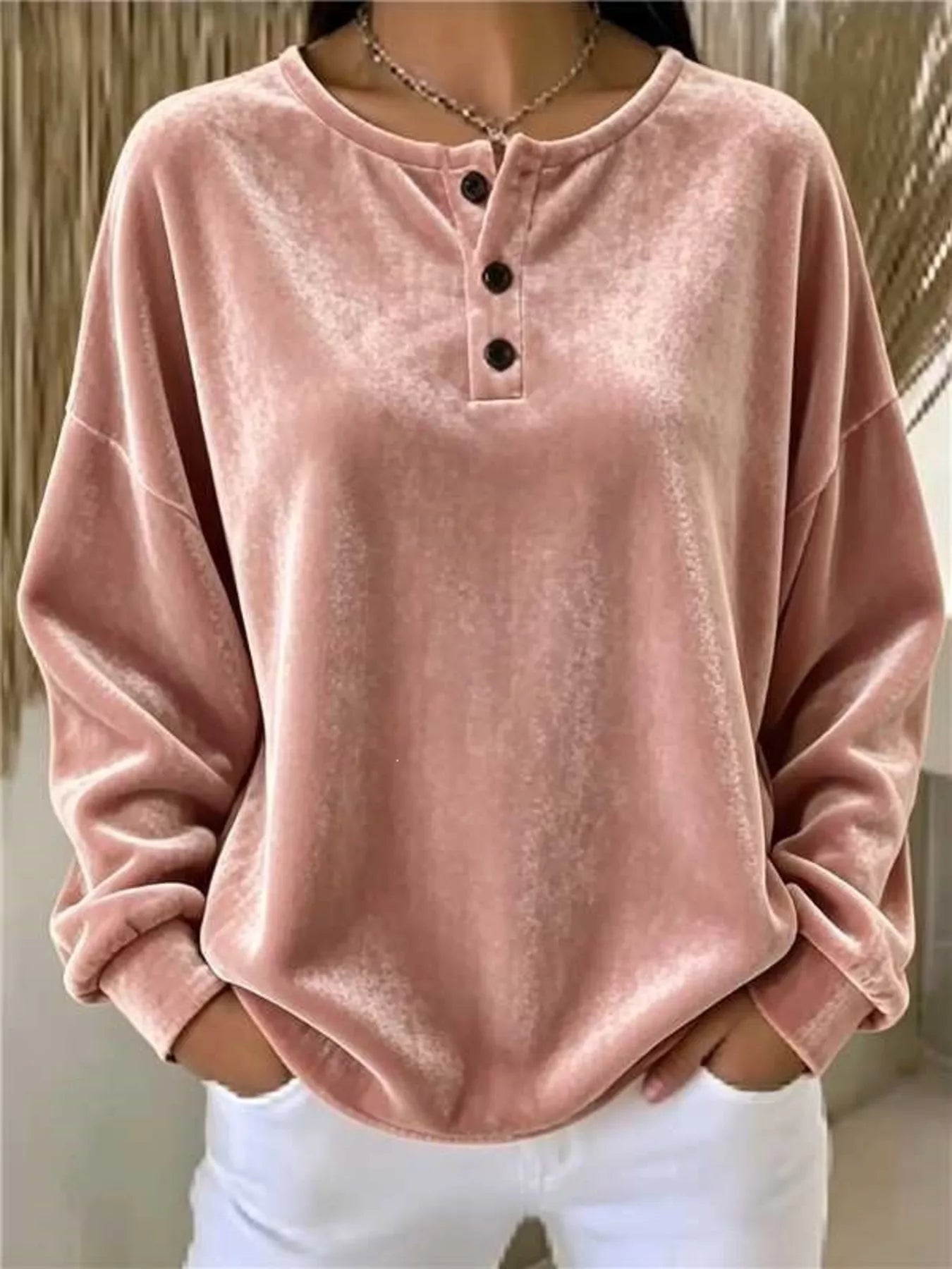 Trendsi Velvet Henley Top with Button Detail - Shirts