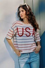 Trendsi SO ME Usa Stripe Knit Short Sleeves Sweater Top -