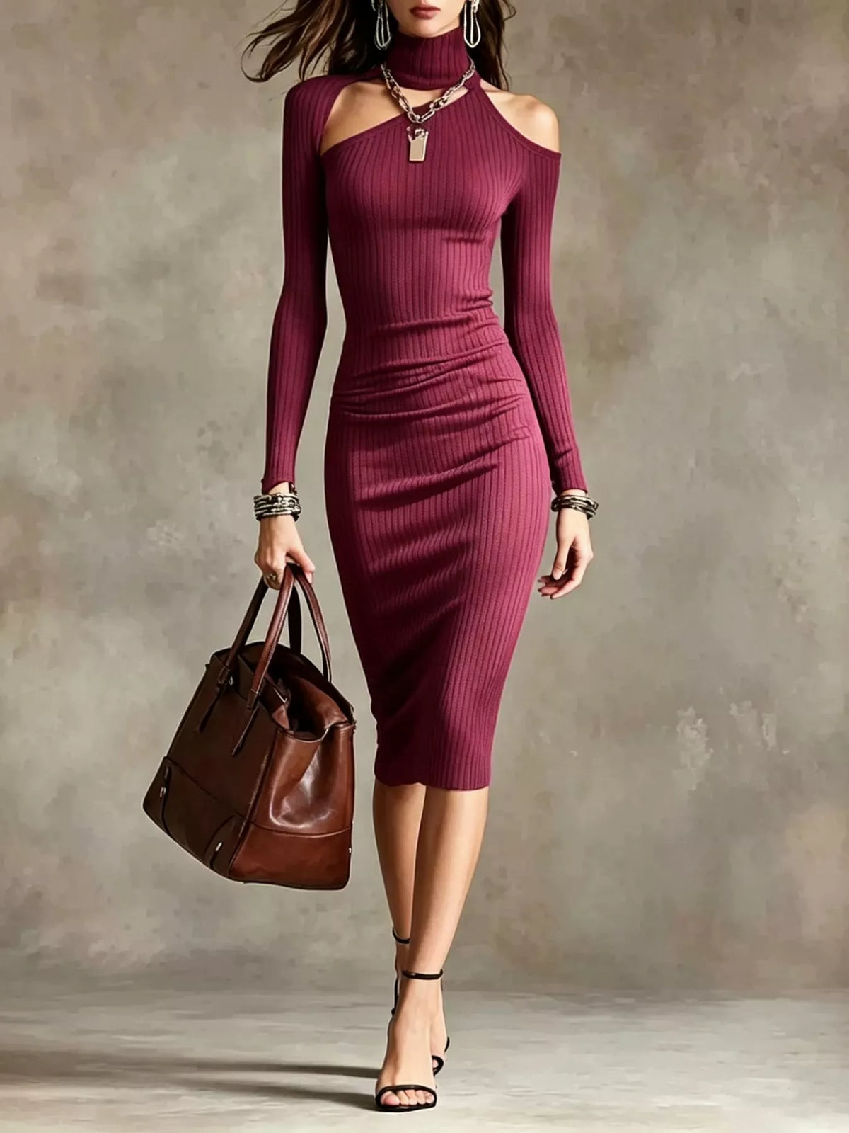 Cold-shoulder dress, burgundy front