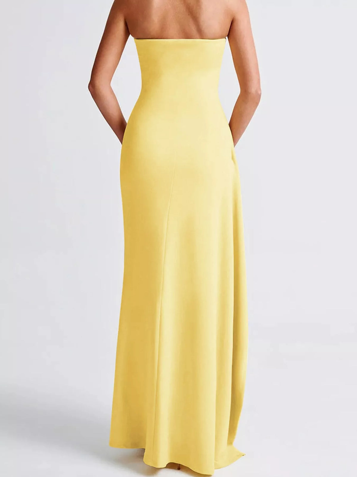 Yellow strapless high slit bodycon maxi evening dress, back view