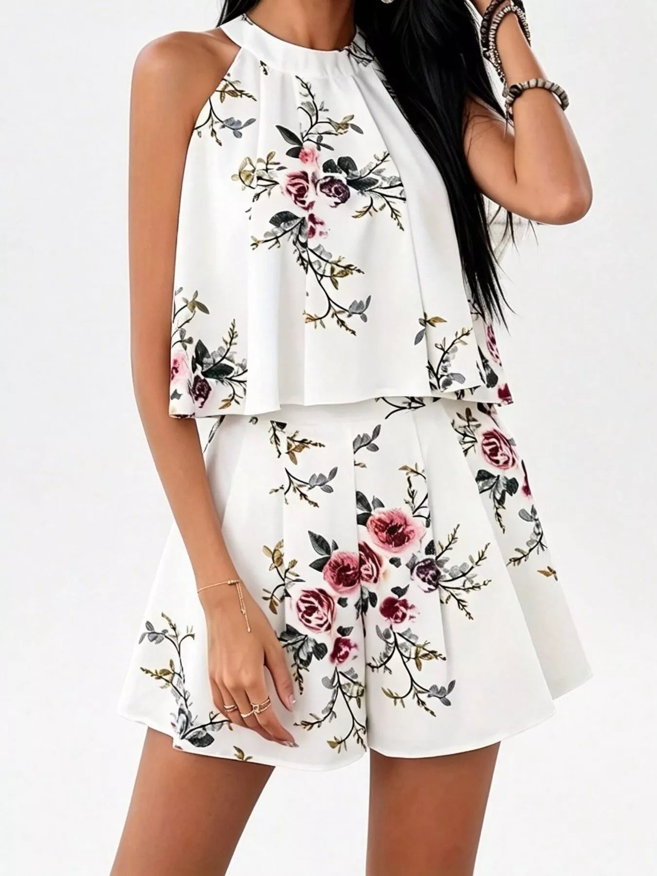 Trendsi Full Size Floral Print Halter Neck Tank Top and Pleated Shorts Set Plus Size -