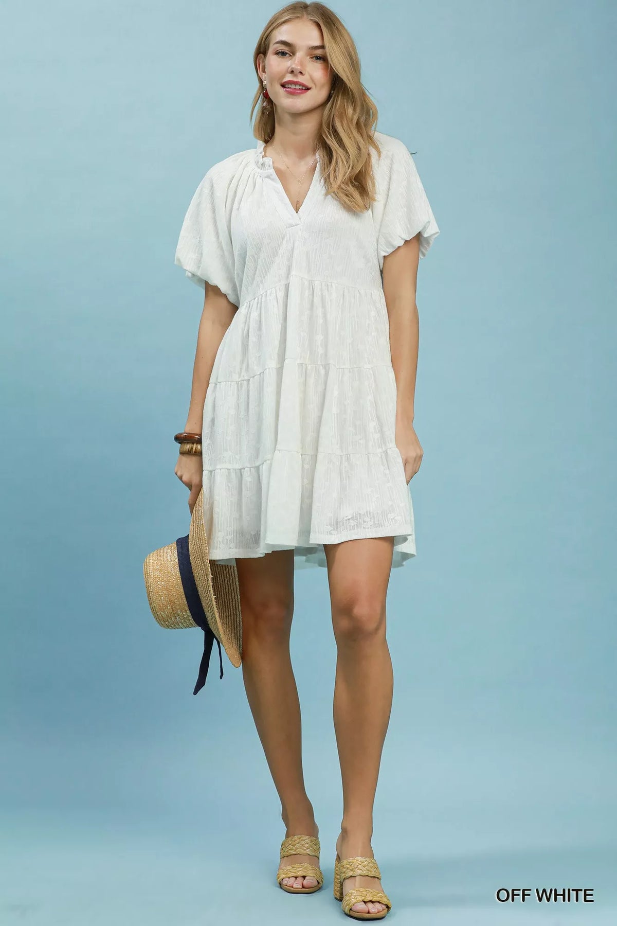 Women's jacquard mini dress with puff sleeves and V-neck - product view 4