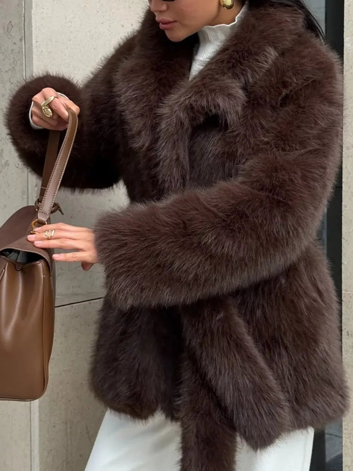 Faux Fur Belted Coat, detail view in brown
