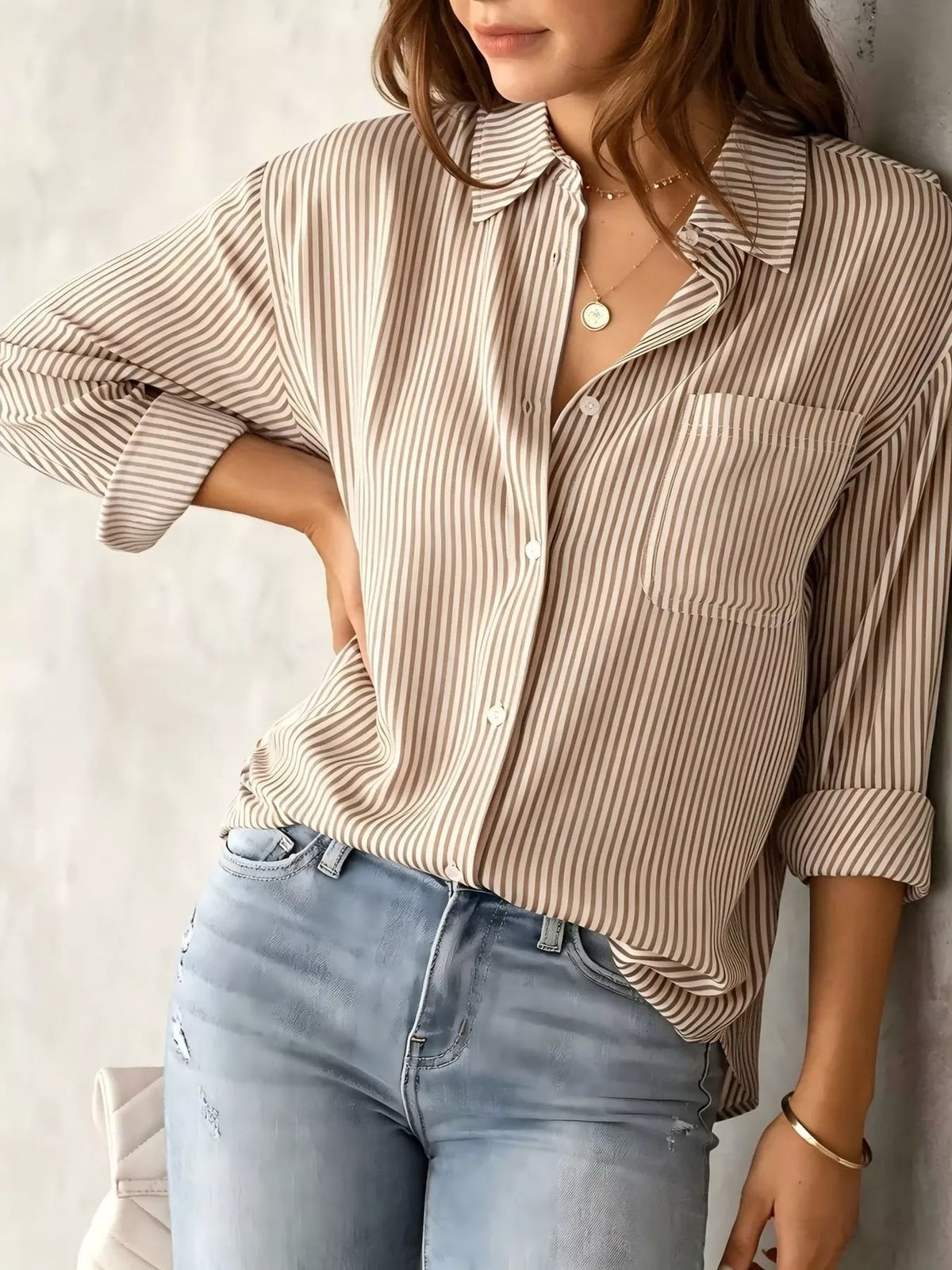 Striped long shirt, beige front