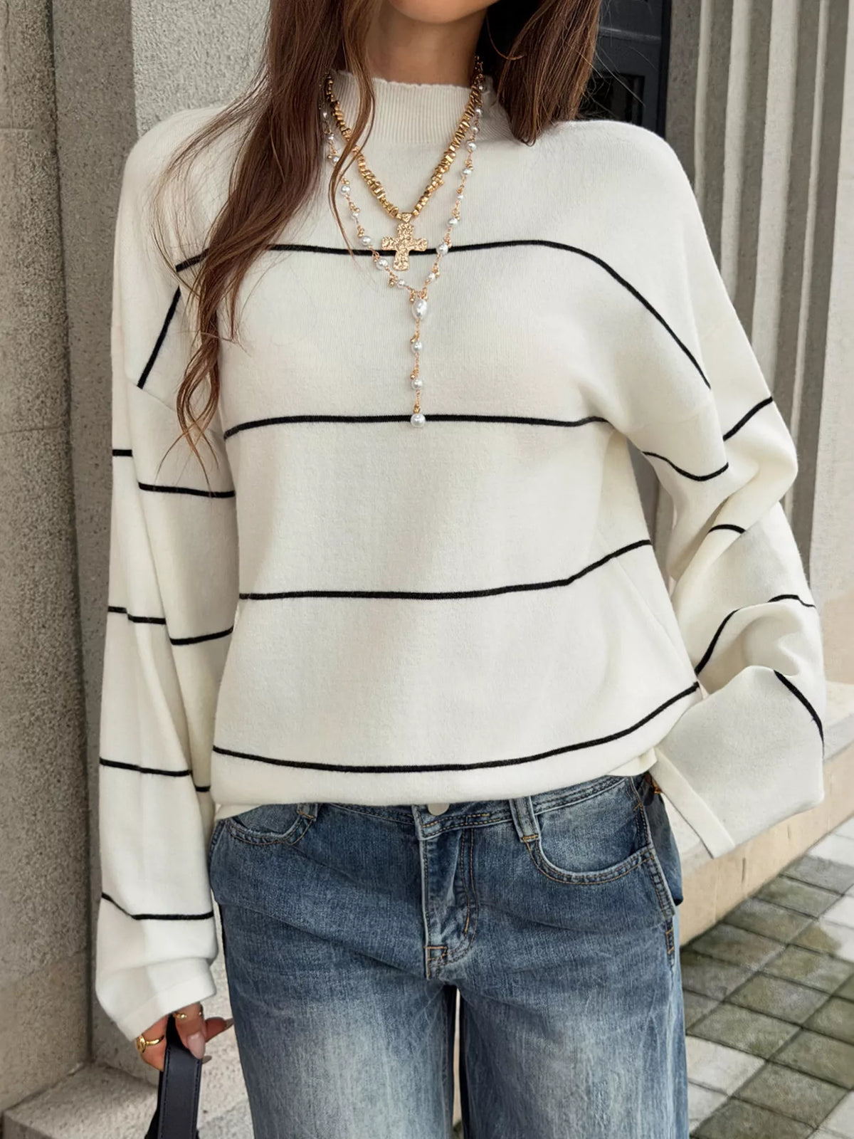 Black and white stripes striped mock neck sweater