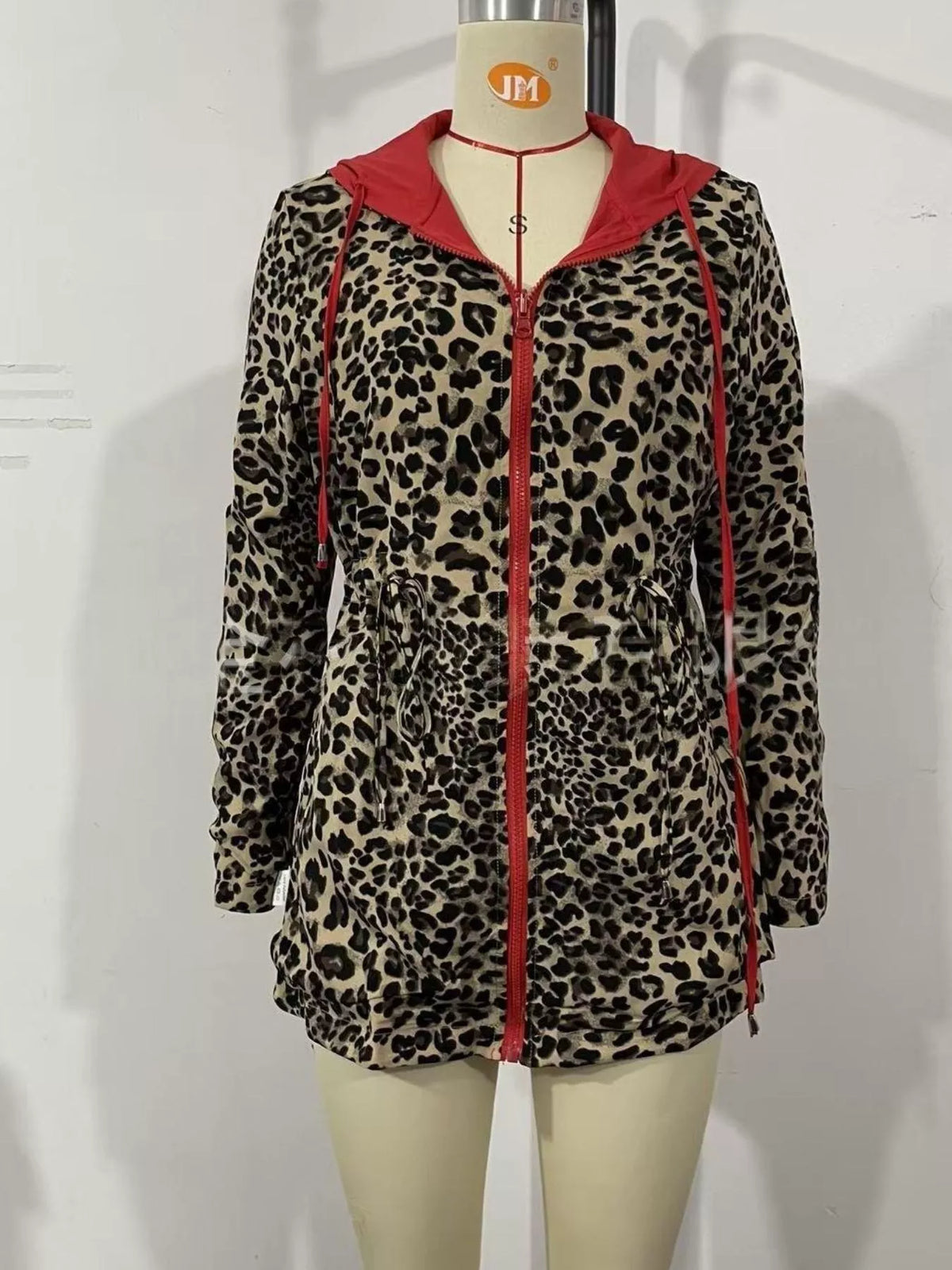 Red leopard print hooded drawstring-waist jacket