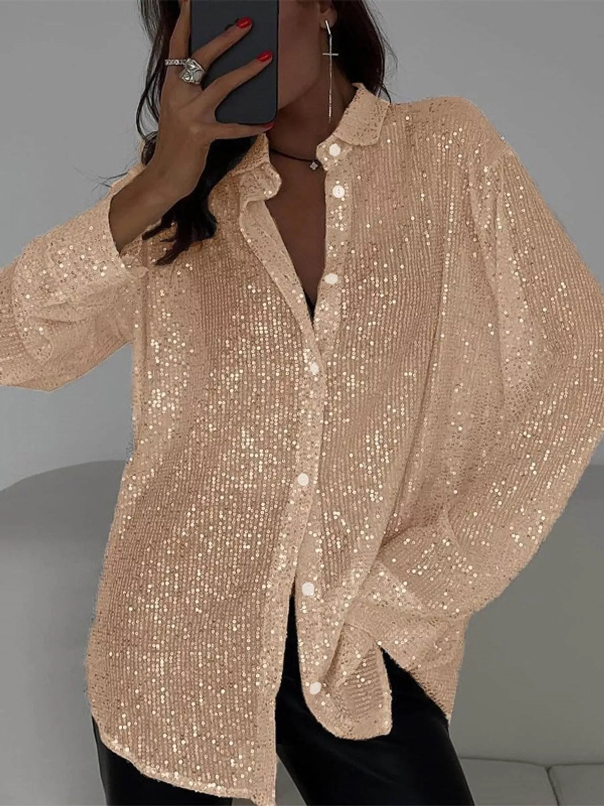 White sequin button up long sleeve shirt