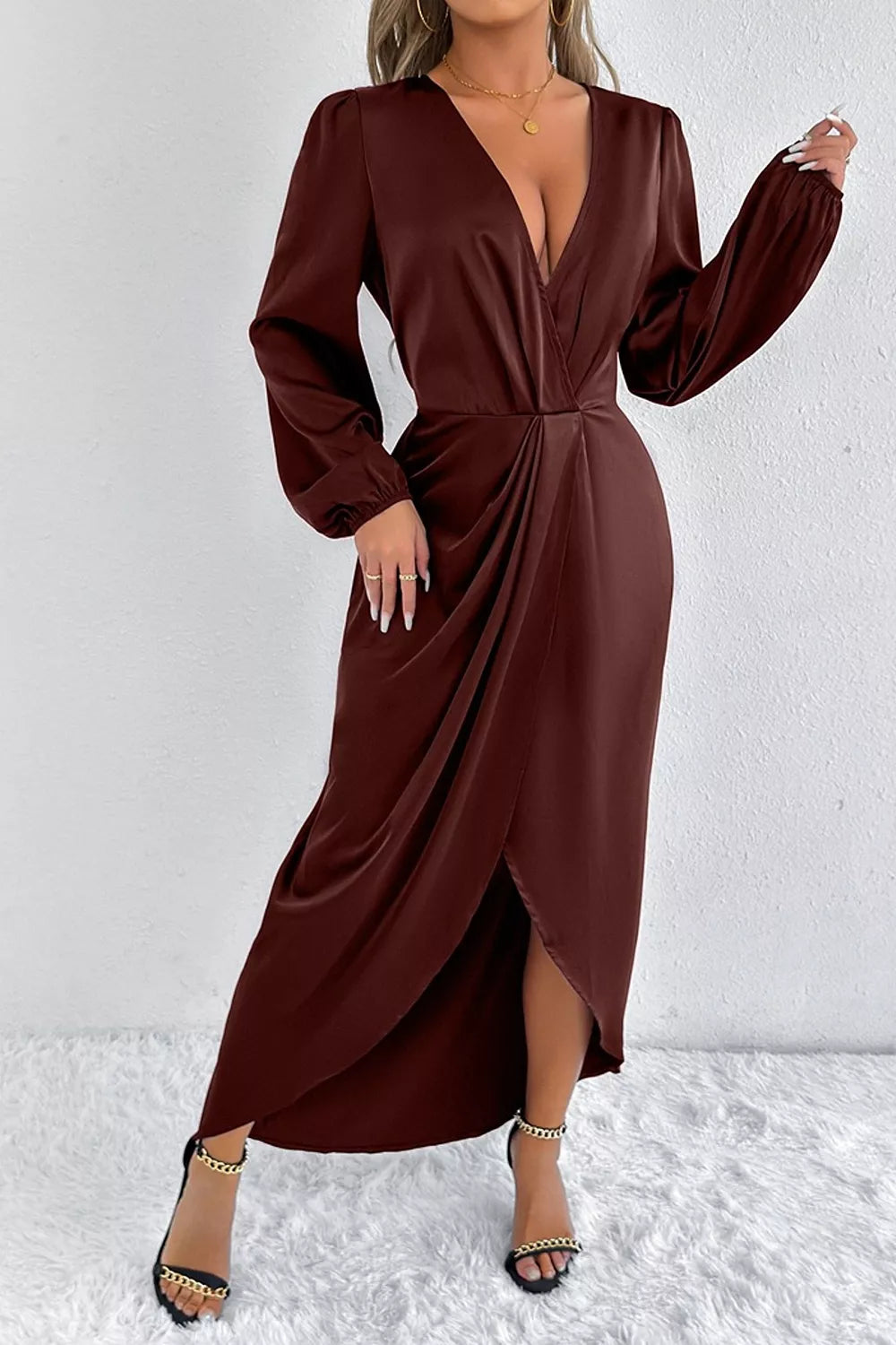 Trendsi Satin Balloon Sleeve Midi Dress -